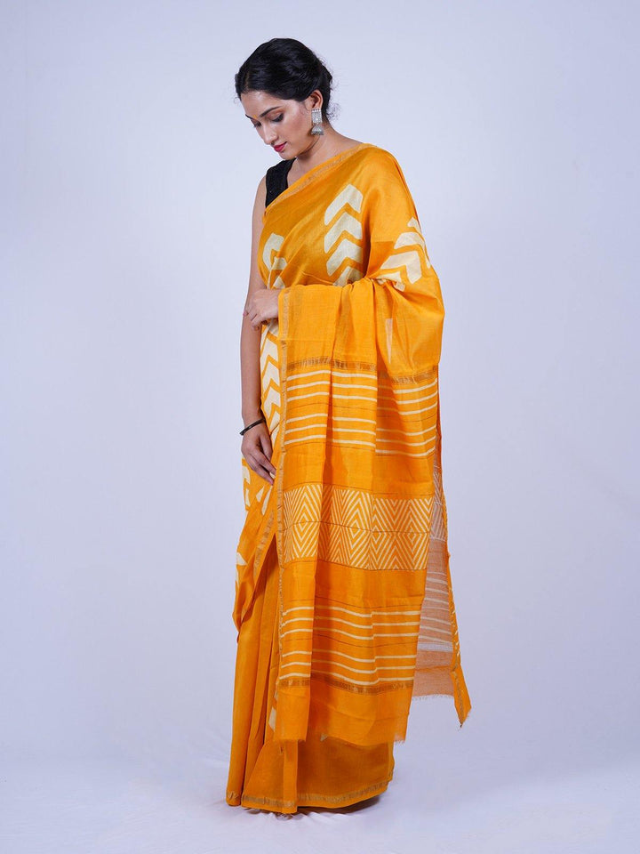 Yellow Handblock Printed Chanderi Saree - S48 Label Veena