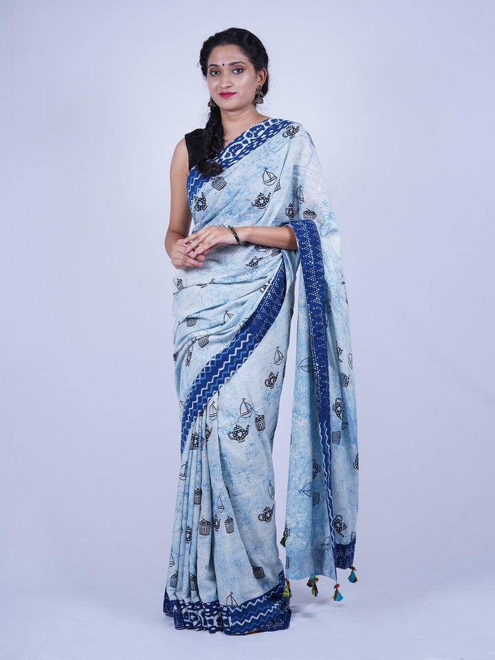 Denim Washed Out Color Soft Cotton Mulmul Saree - S54 Label Veena