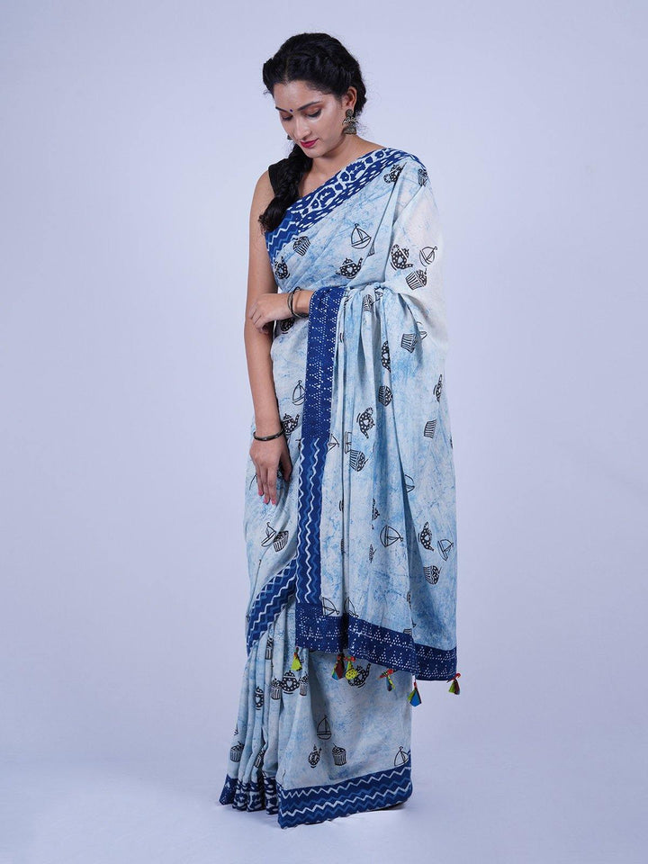 Denim Washed Out Color Soft Cotton Mulmul Saree - S54 Label Veena