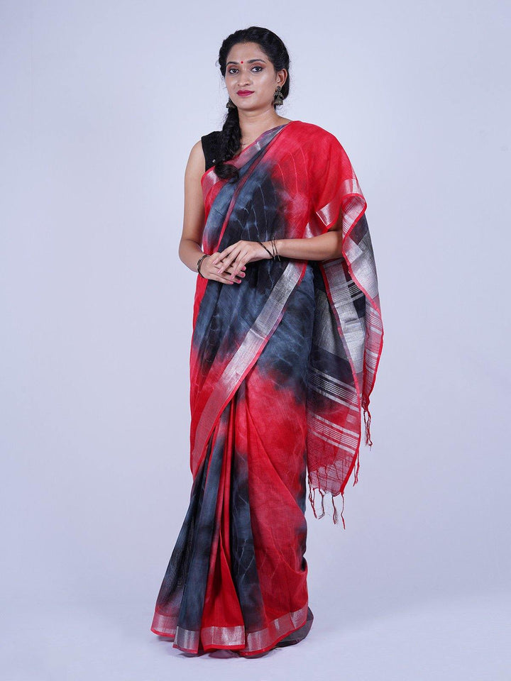 Red and Black Khadi Linen Saree - S55 Label Veena