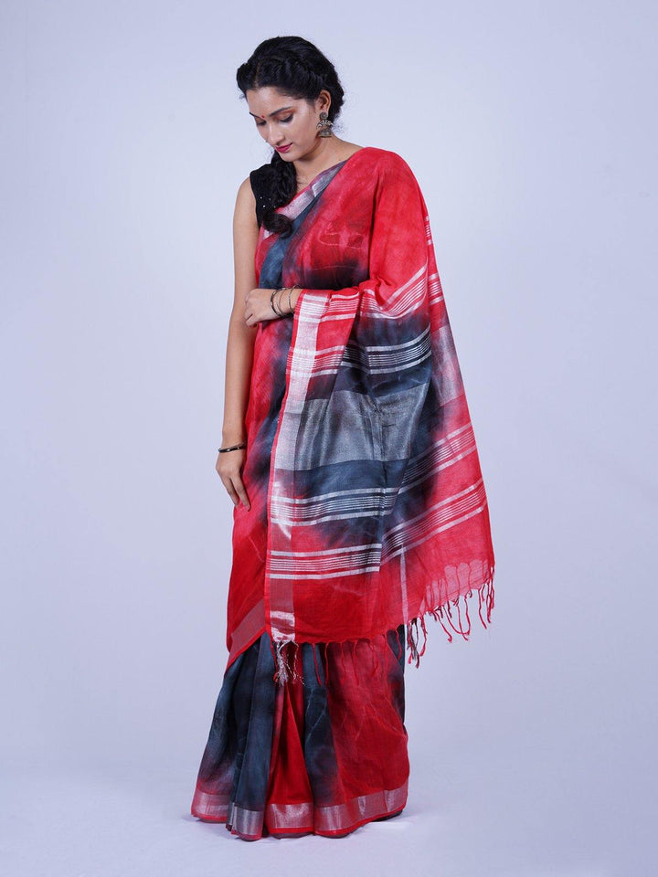 Red and Black Khadi Linen Saree - S55 Label Veena