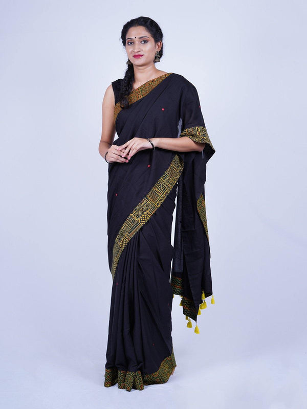 Black Cotton Mulmul Saree with Ajrakh Border - S58 Label Veena