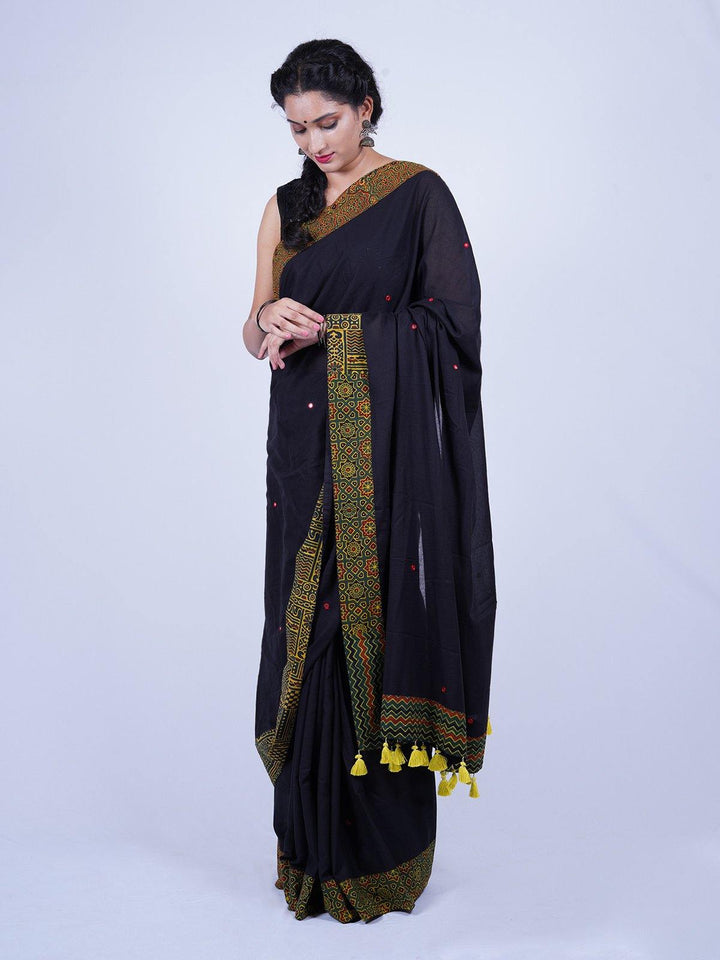 Black Cotton Mulmul Saree with Ajrakh Border - S58 Label Veena