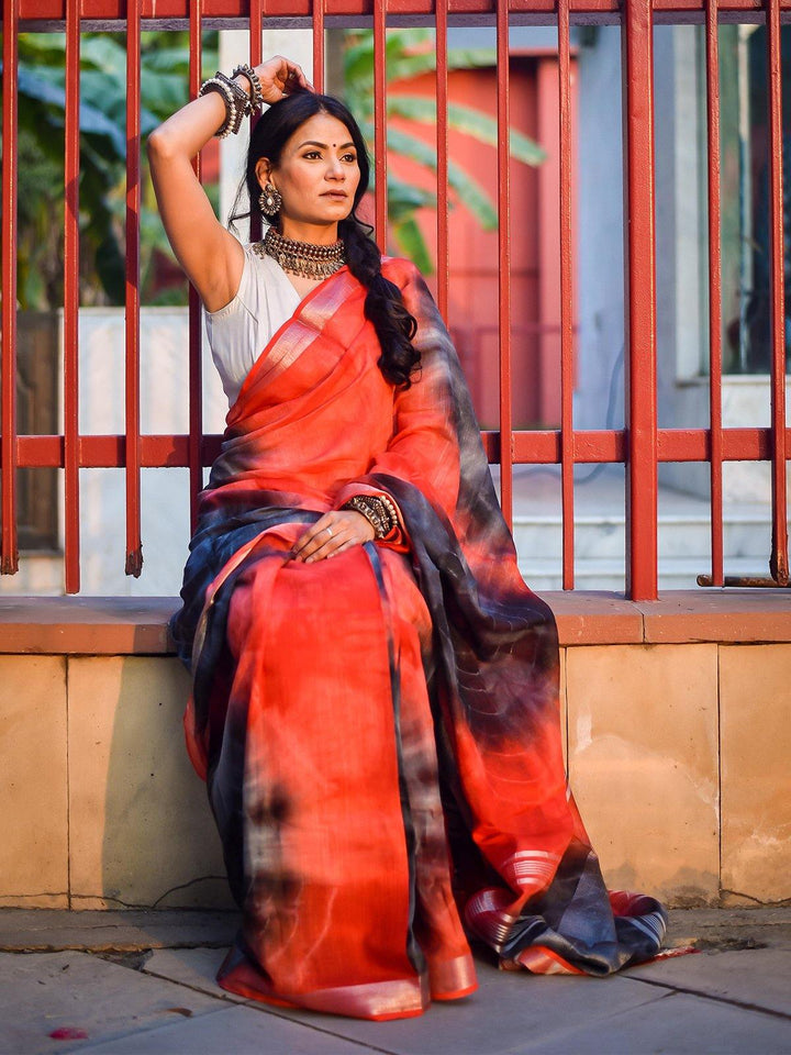 Red and Black Khadi Linen Saree - S55 Label Veena