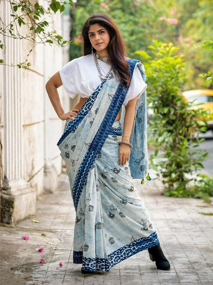 Denim Washed Out Color Soft Cotton Mulmul Saree - S54 Label Veena