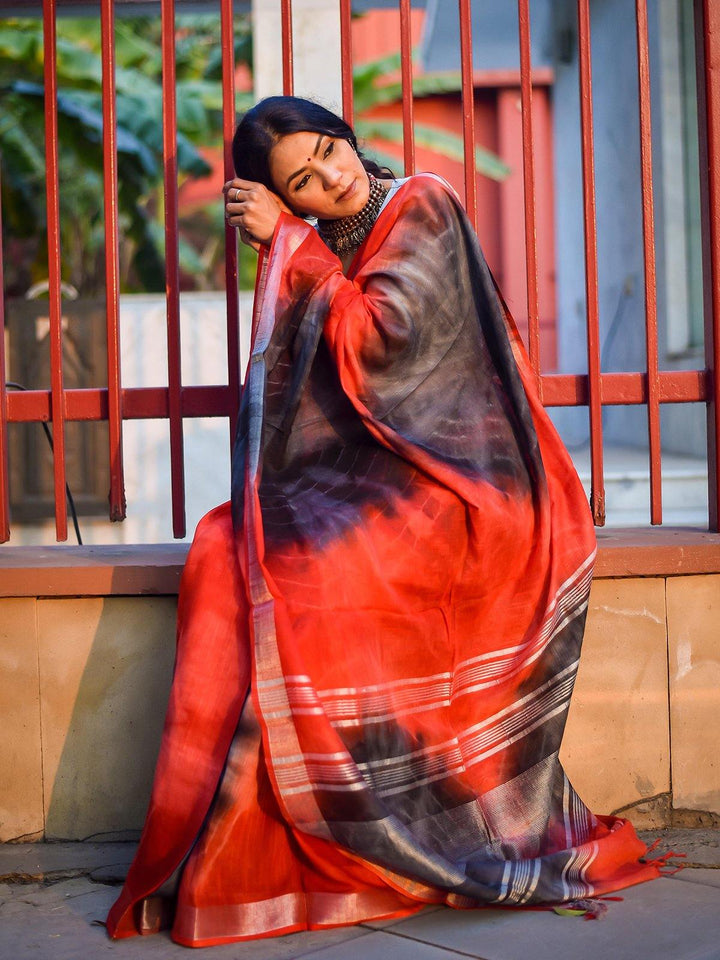 Red and Black Khadi Linen Saree - S55 Label Veena