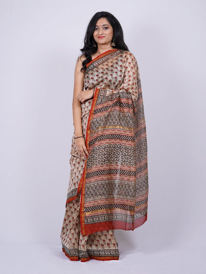 Off White Traditional Handblock Print Chanderi - S14 Label Veena