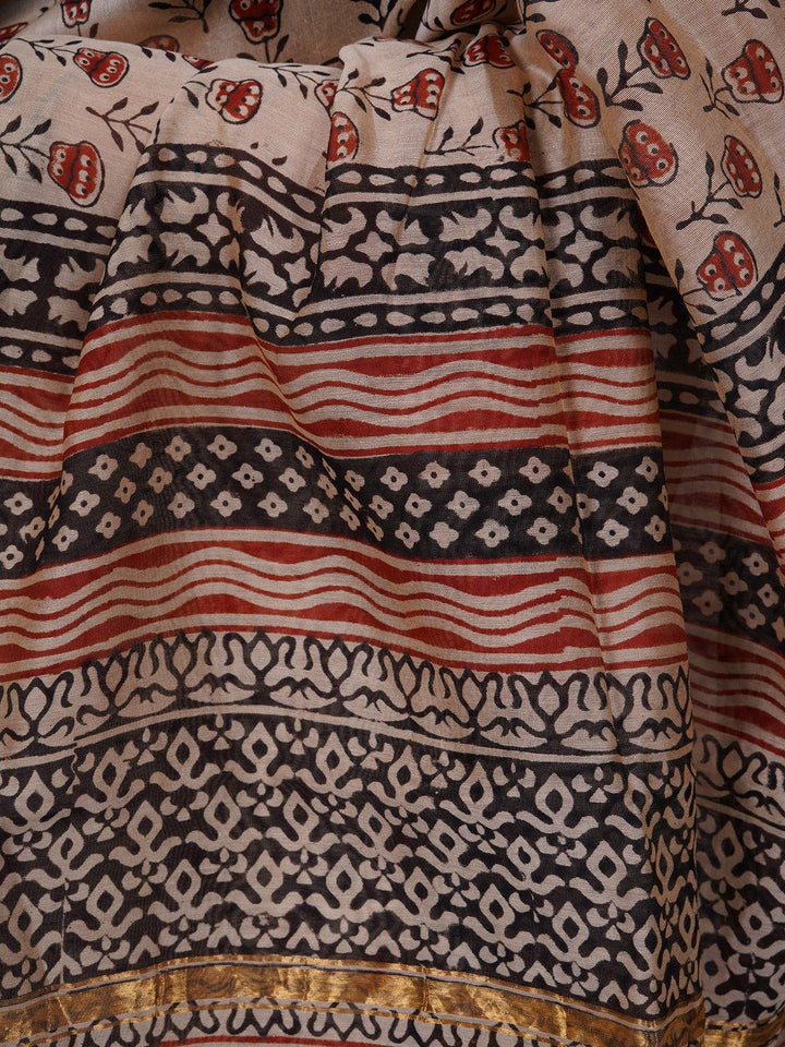 Off White Traditional Handblock Print Chanderi - S14 Label Veena