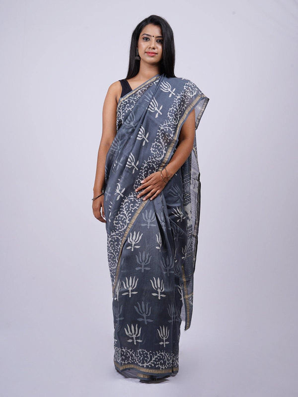 Grey Traditional Hand Block Print Chanderi - S16 Label Veena