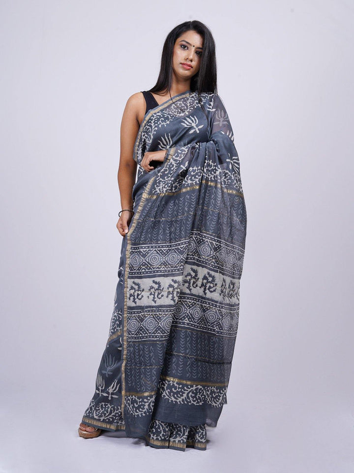 Grey Traditional Hand Block Print Chanderi - S16 Label Veena