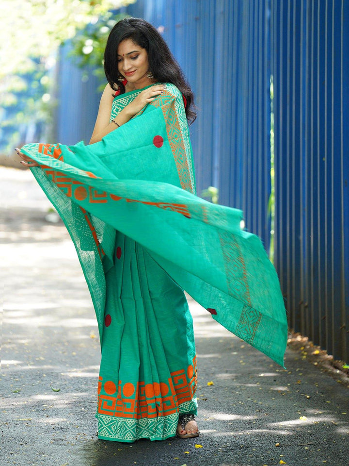 Green Cotton Handloom Saree - S19 Label Veena