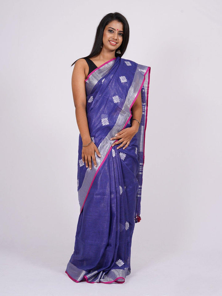 Blue Pure Linen Square (kolam) Embroidered Saree - S22 Label Veena