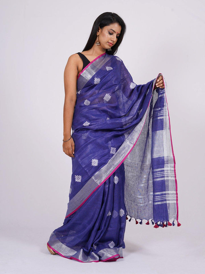 Blue Pure Linen Square (kolam) Embroidered Saree - S22 Label Veena