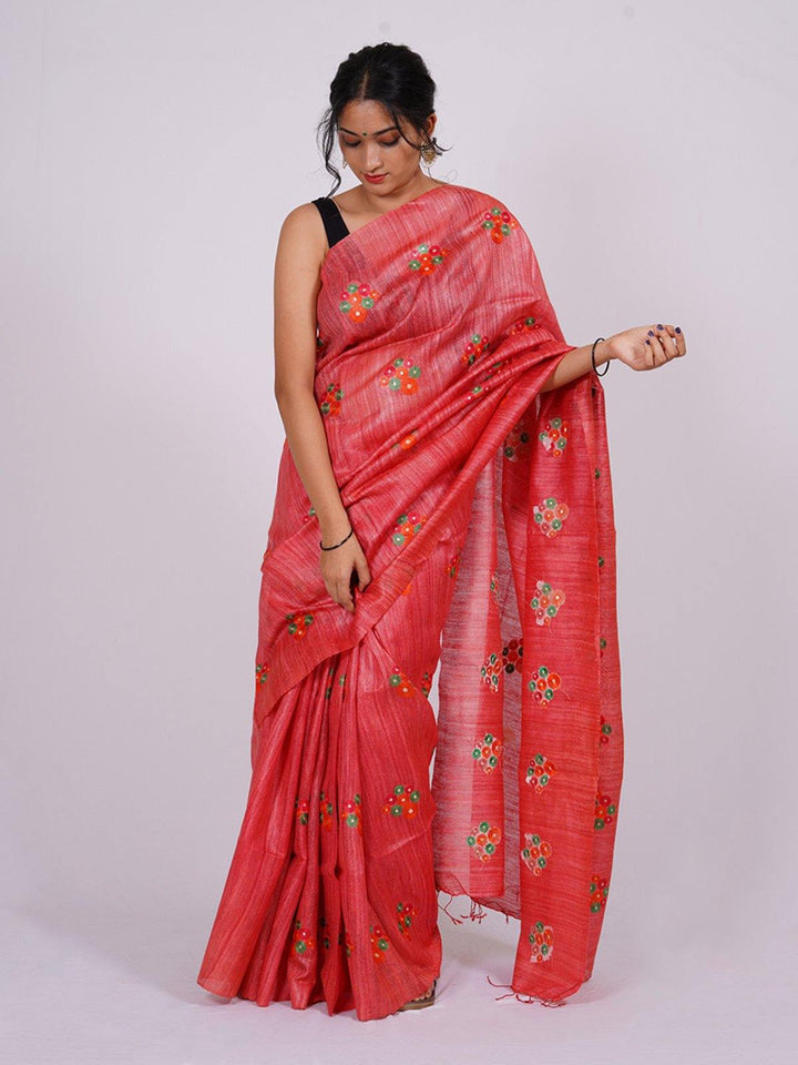 Scarlet Red Tussar Ghiccha Silk Saree  - S23 Label Veena