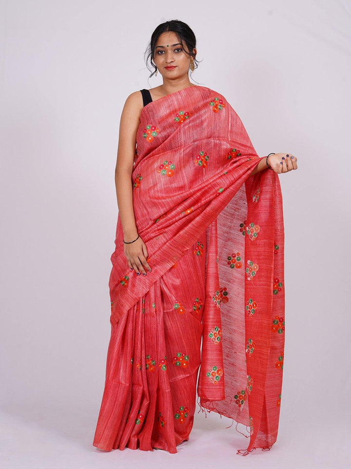 Scarlet Red Tussar Ghiccha Silk Saree  - S23 Label Veena