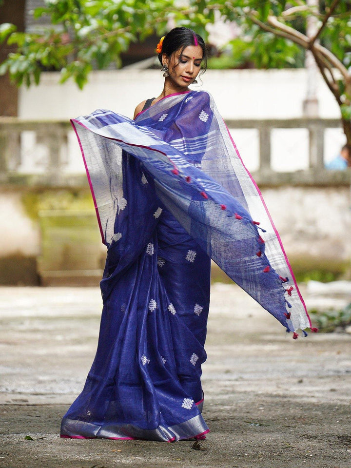 Blue Pure Linen Square (kolam) Embroidered Saree - S22 Label Veena