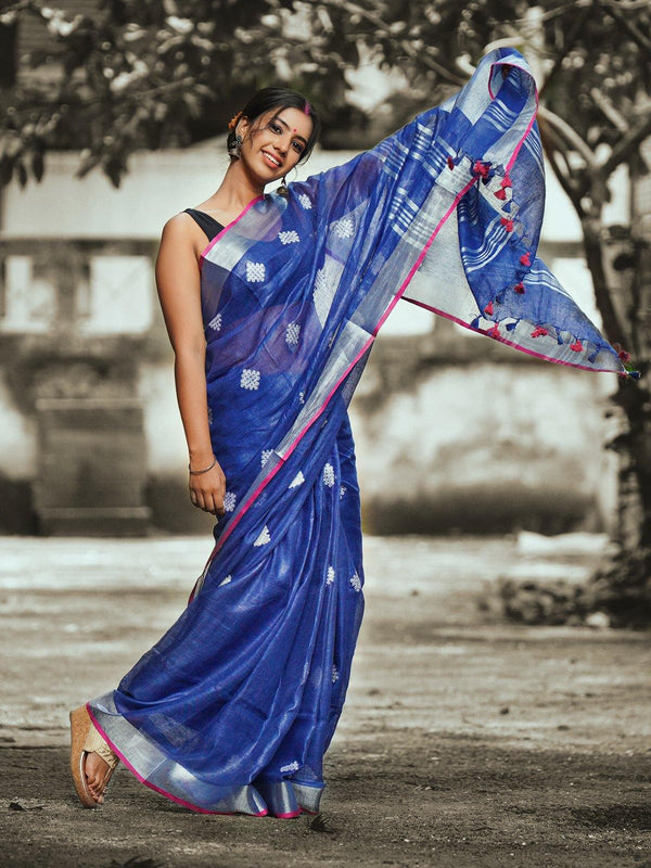 Blue Pure Linen Square (kolam) Embroidered Saree - S22 Label Veena