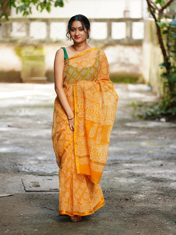 Soft Cotton Voile Yellow Handblock Print Saree - S4 – Label Veena