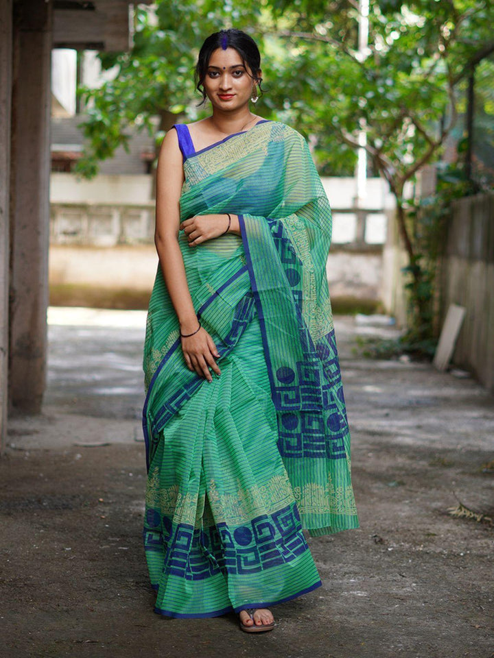 Green Super Net Handloom Saree - S28 Label Veena