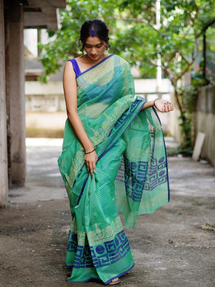 Green Super Net Handloom Saree - S28 Label Veena