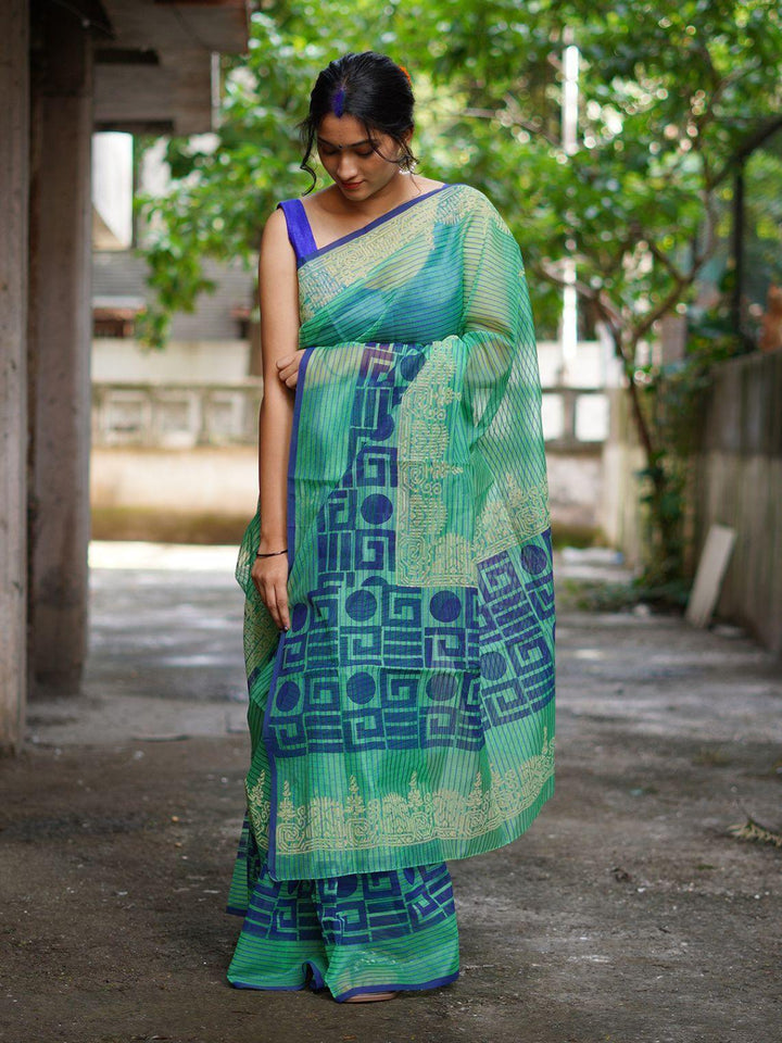 Green Super Net Handloom Saree - S28 Label Veena