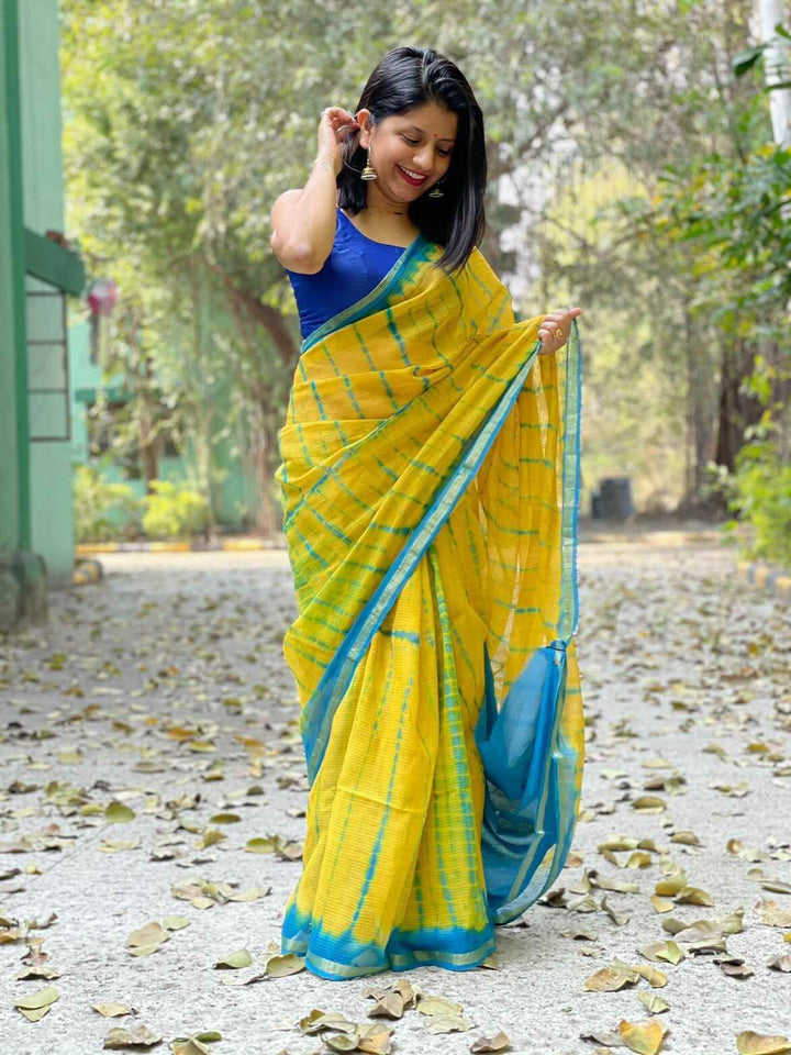 Yellow and Blue Kota Doria Saree - S65 Label Veena