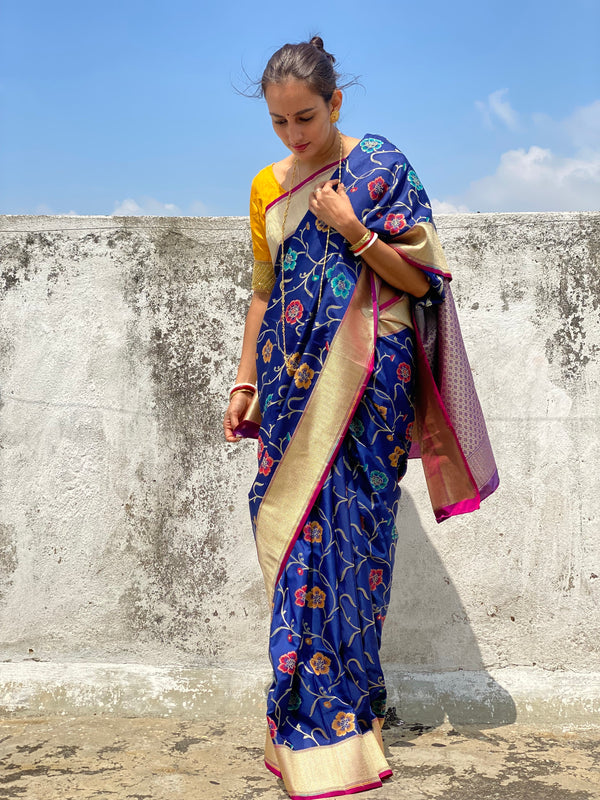 Navy Blue Handloom Banarasi Silk Saree - S72