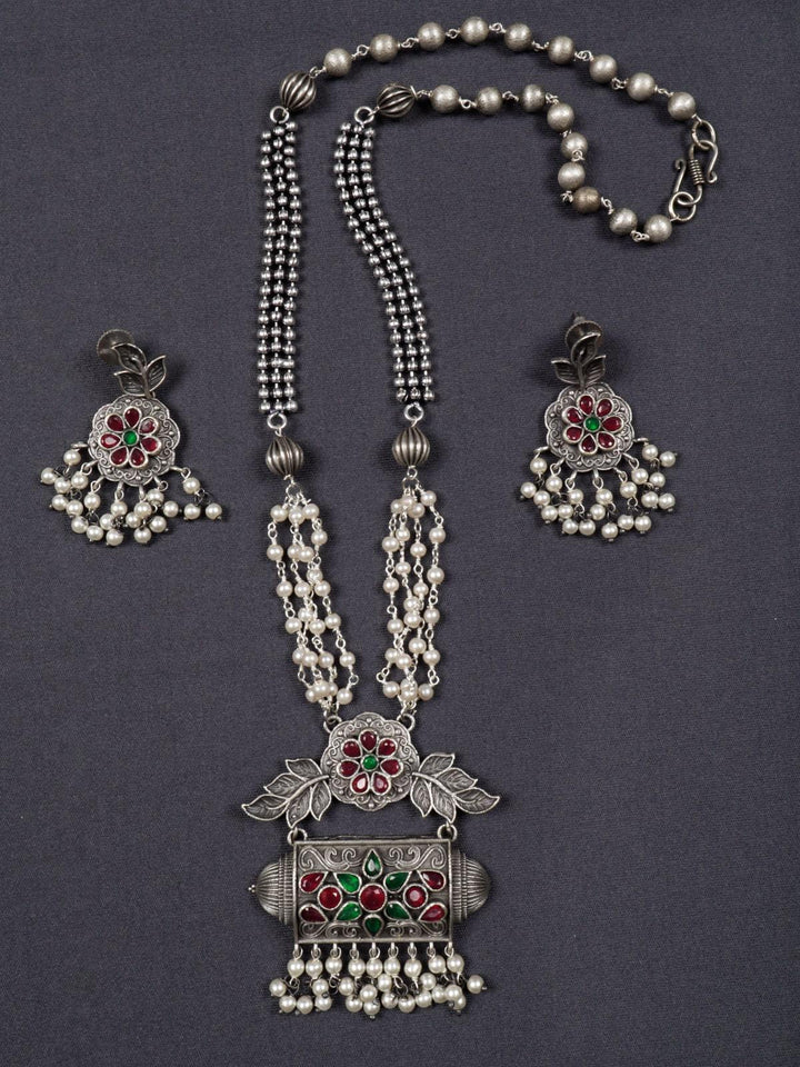 Silver Toned (Oxidized) Necklace With Red & Green Stone - J22 Label Veena