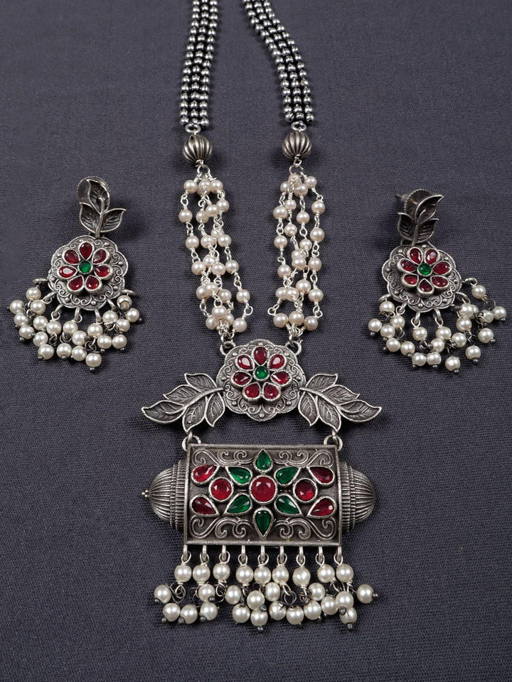 Silver Toned (Oxidized) Necklace With Red & Green Stone - J22 Label Veena