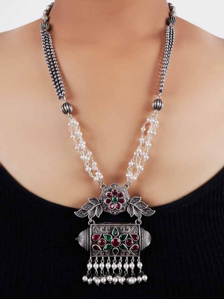 Silver Toned (Oxidized) Necklace With Red & Green Stone - J22 Label Veena