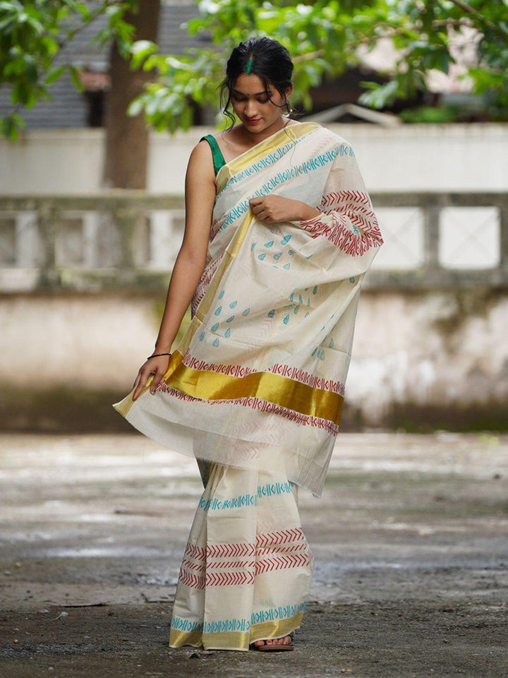 White Kasavu Handloom Saree - S26 Label Veena