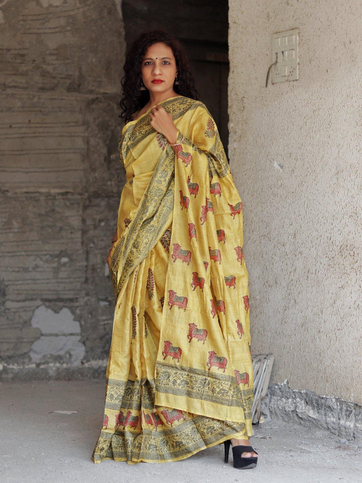 Mustard Yellow Nandi Handblock Printed Pure Tussar Silk Saree - S77 Label Veena