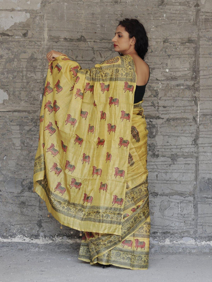 Mustard Yellow Nandi Handblock Printed Pure Tussar Silk Saree - S77 Label Veena