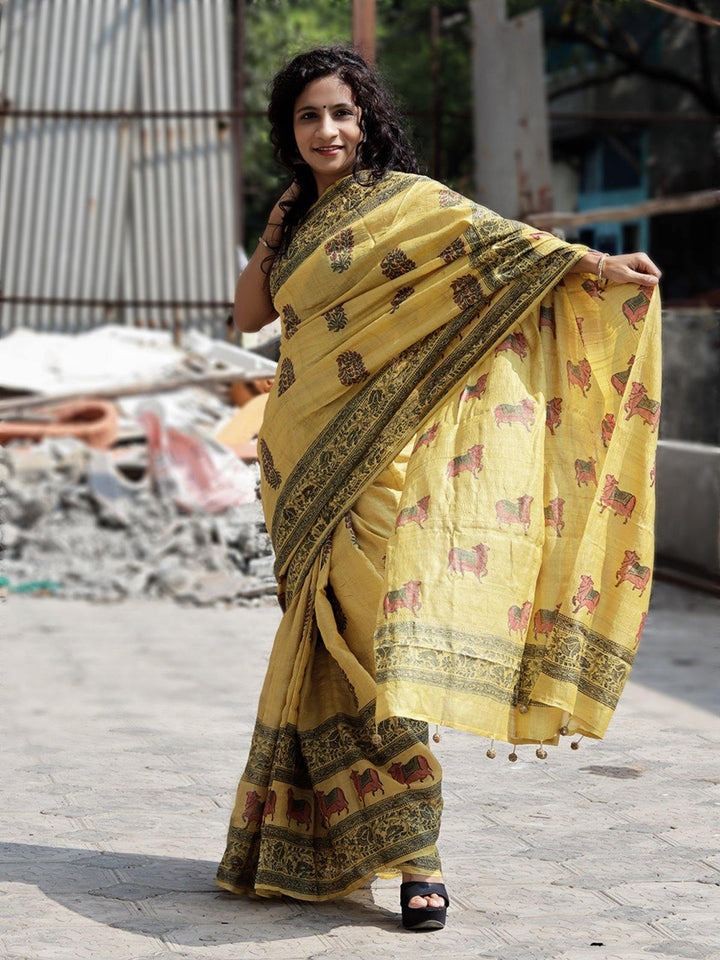 Mustard Yellow Nandi Handblock Printed Pure Tussar Silk Saree - S77 Label Veena