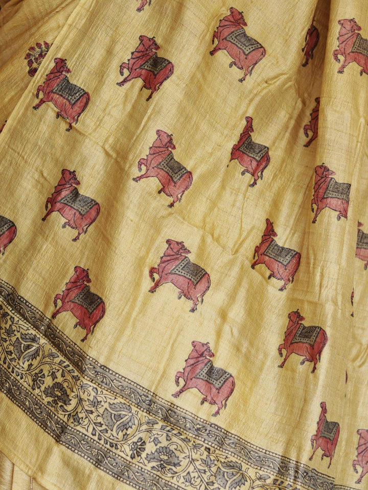 Mustard Yellow Nandi Handblock Printed Pure Tussar Silk Saree - S77 Label Veena