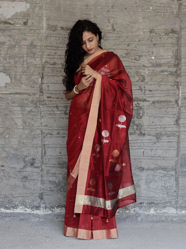 Maroon Red Handloom Chanderi Silk Saree - S78 Label Veena