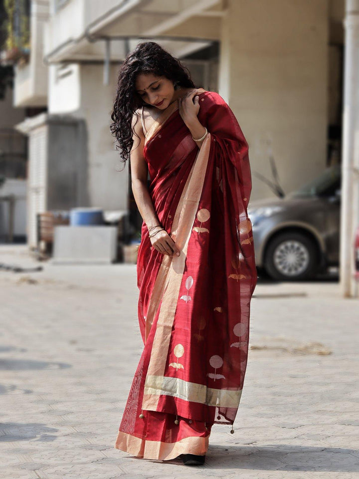 Maroon Red Handloom Chanderi Silk Saree - S78 Label Veena