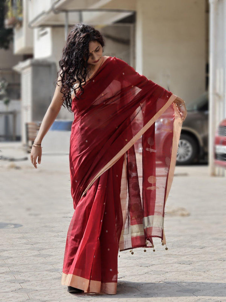 Maroon Red Handloom Chanderi Silk Saree - S78 Label Veena