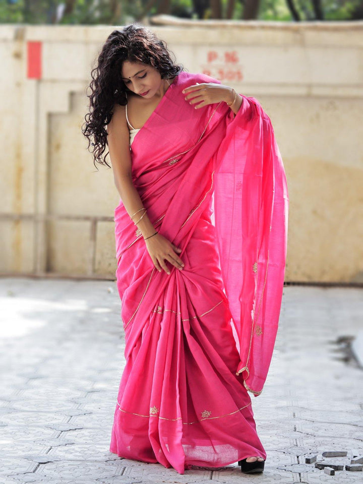 Magenta Pink Hand Embroidered Chanderi Silk Saree - S79 Label Veena