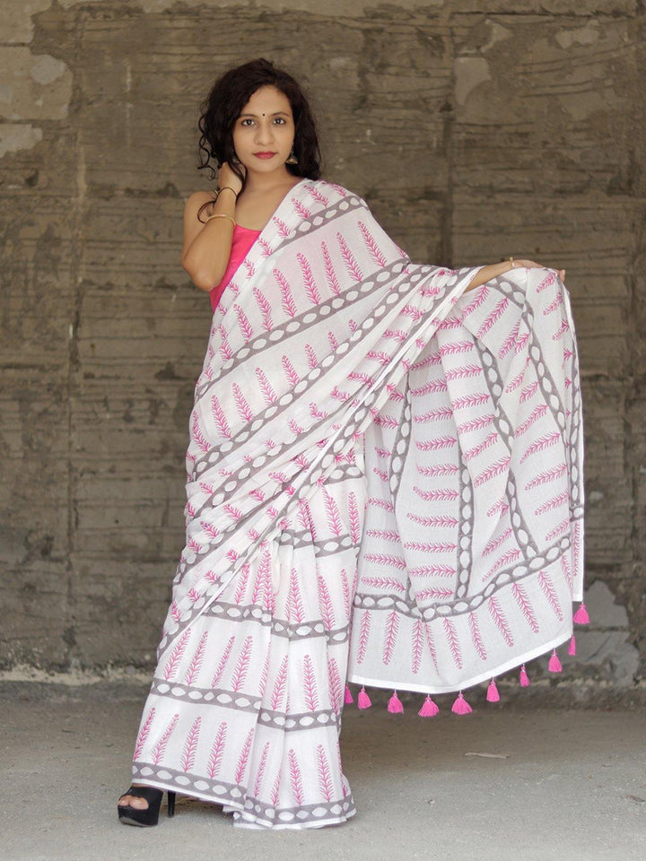 White Pink Hand Block Printed Cotton Mulmul Saree - S80 Label Veena