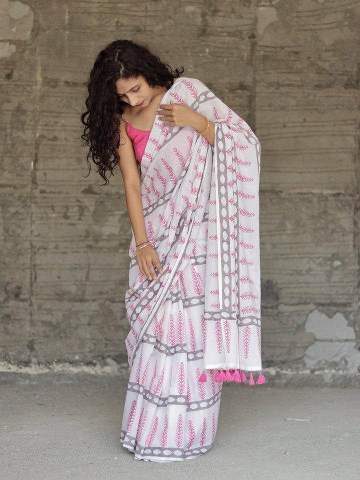 White Pink Hand Block Printed Cotton Mulmul Saree - S80 Label Veena