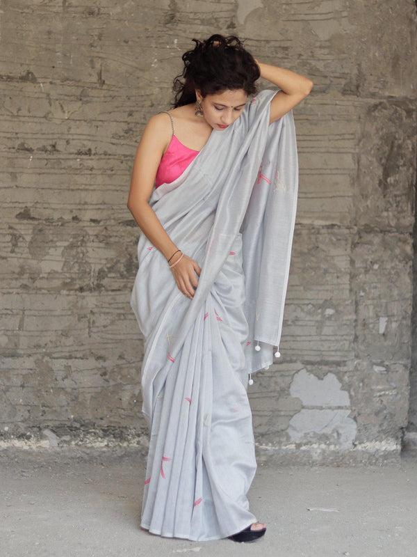 Grey Pink Hand Embroidered Chanderi Silk Saree - S81 Label Veena