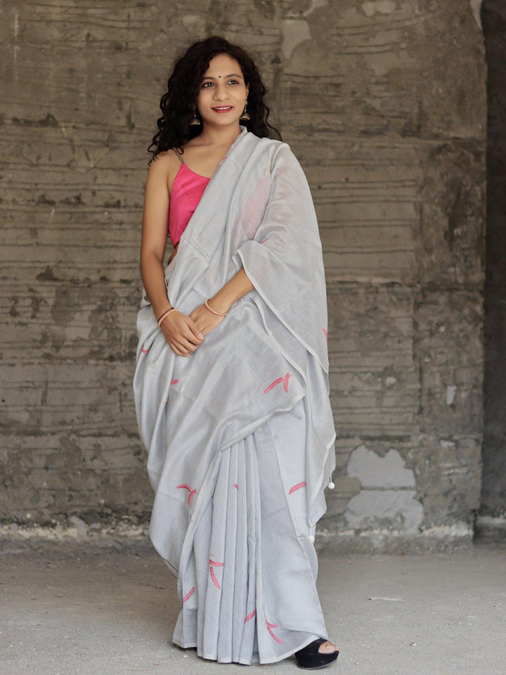 Grey Pink Hand Embroidered Chanderi Silk Saree - S81 Label Veena