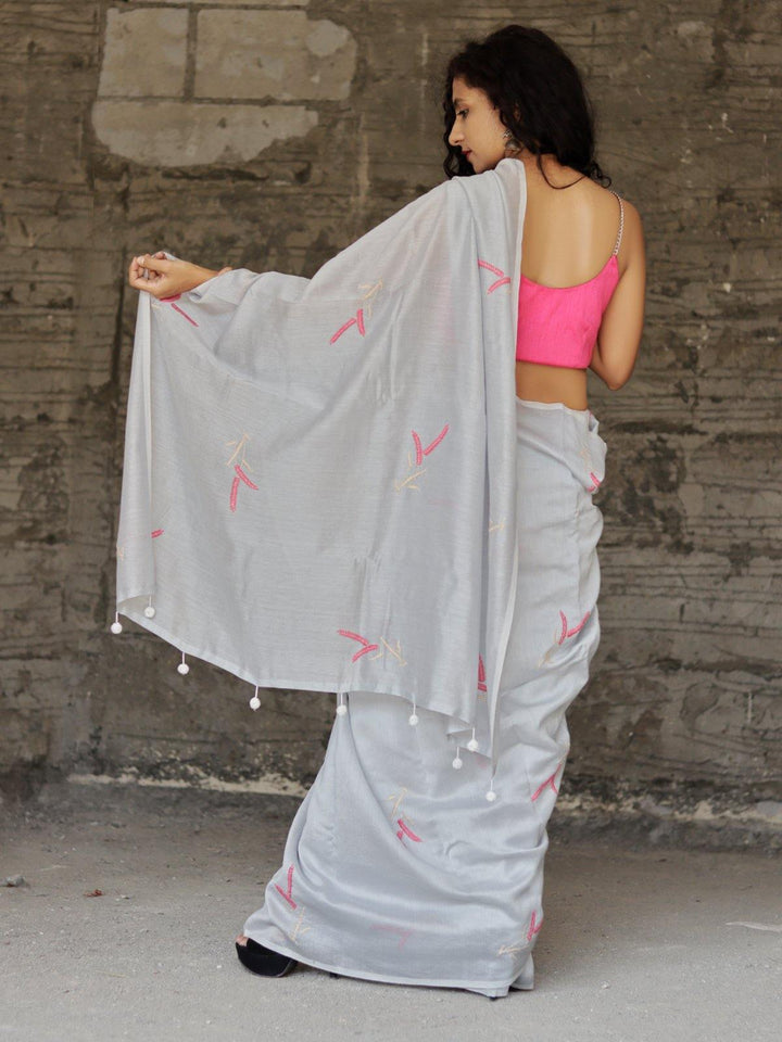 Grey Pink Hand Embroidered Chanderi Silk Saree - S81 Label Veena