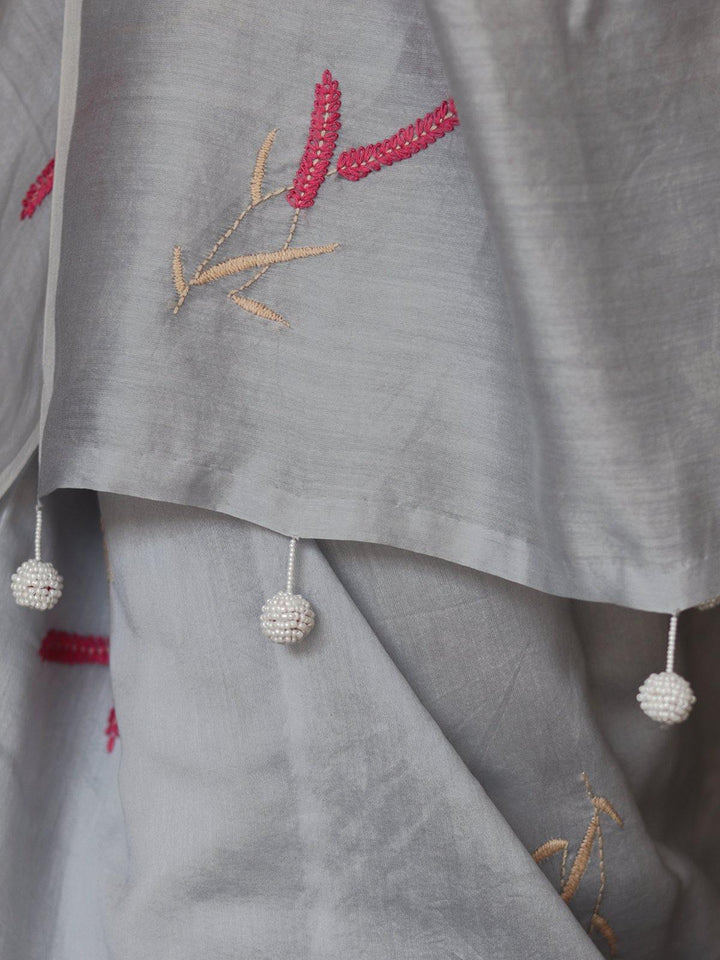 Grey Pink Hand Embroidered Chanderi Silk Saree - S81 Label Veena