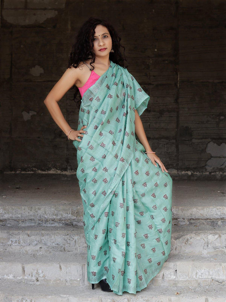 Turquoise Green Hand Block Printed  Pure Tussar Silk Saree - S82 Label Veena