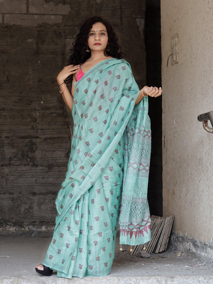 Turquoise Green Hand Block Printed  Pure Tussar Silk Saree - S82 Label Veena