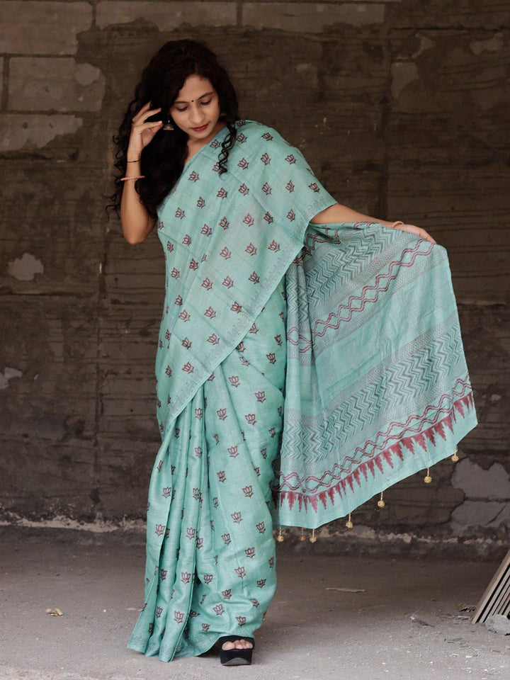 Turquoise Green Hand Block Printed  Pure Tussar Silk Saree - S82 Label Veena