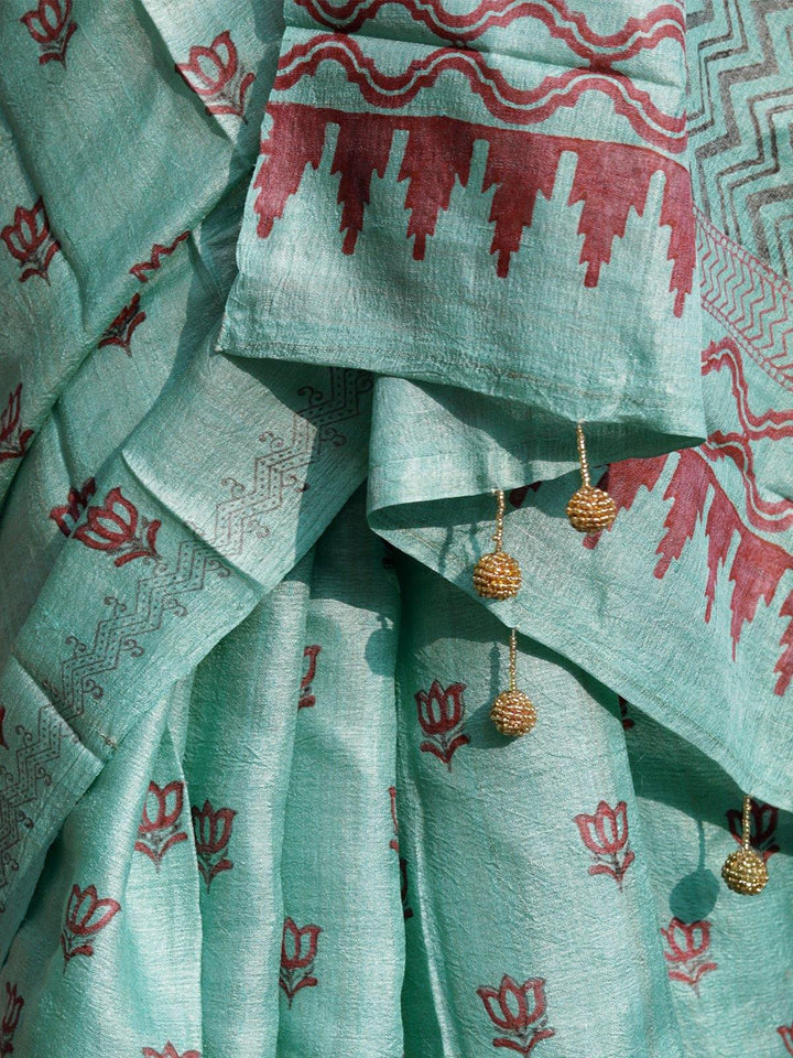 Turquoise Green Hand Block Printed  Pure Tussar Silk Saree - S82 Label Veena