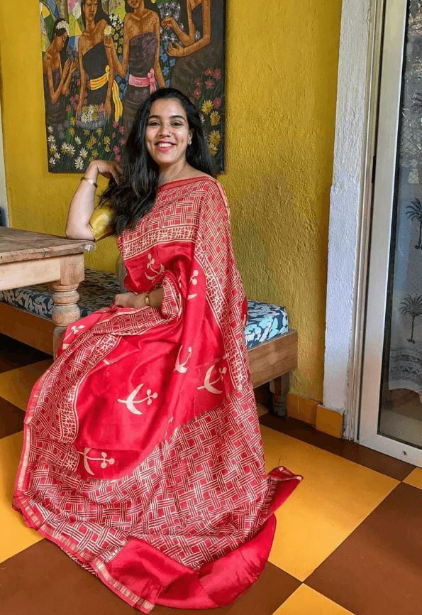 Red Handblock Printed Chanderi Saree - S31 Label Veena